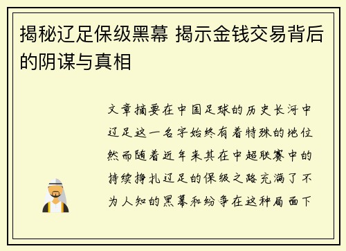 揭秘辽足保级黑幕 揭示金钱交易背后的阴谋与真相