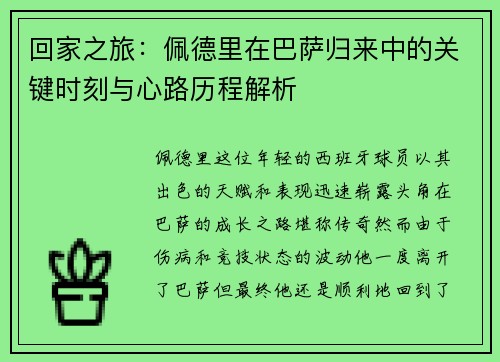 回家之旅：佩德里在巴萨归来中的关键时刻与心路历程解析